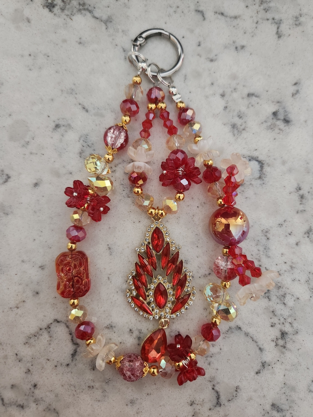 Red Crystal Floral Pendant Keychain